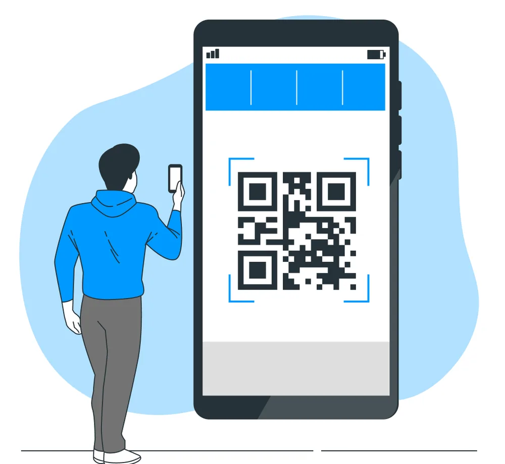 Иллюстрация: человек сканирует QR-код пропуска на экране смартфона